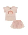 Kids Headquarters Toddler And Little Girls 2-piece Ruffle Sleeve Striped Rainbow Top And Gold Speckle Tulle Skort Set In Egret,shimmer Pink