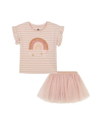 Kids Headquarters Kids' Toddler And Little Girls 2-piece Ruffle Sleeve Striped Rainbow Top And Gold Speckle Tulle Skort Set In Egret,shimmer Pink