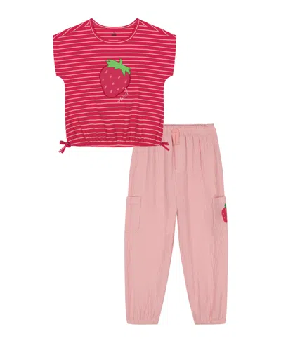Kids Headquarters Kids' Toddler And Little Girls 2-piece Strawberry Stripes Drawstring Hem Top And Muslin Cargo Pant Set In Pink