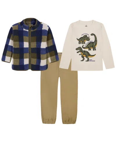 Kids Headquarters Babies' Toddler Boys' 2t-5t Dinosaur Plaid Sherpa T-shirt, Jacket, And Joggers, 3-piece Set In Multi
