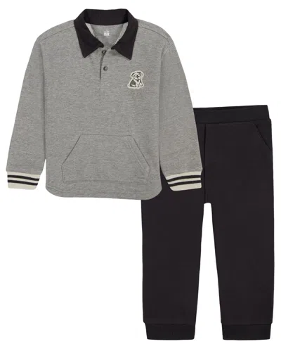 Kids Headquarters Babies' Toddler Boys' 2t-5t Embroidered-dog Long-sleeve Polo Pullover And Joggers, 2-piece Set In Granite Heather
