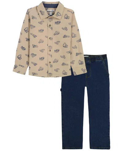 Kids Headquarters Babies' Toddler Boys' 2t-5t Long-sleeve Shirt And Jeans, 2-piece Set In Tan,navy
