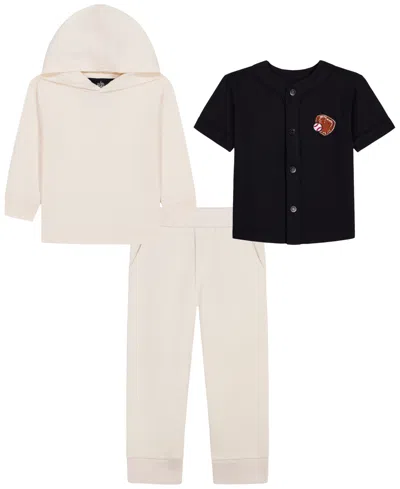 Kids Headquarters Babies' Toddler Boys' 2t-5t Long-sleeve Sweatshirt, Short-sleeve Top And Pants, 3-piece Set In Neutral