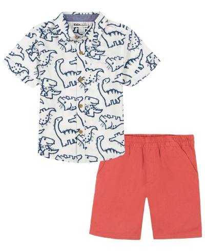 Kids Headquarters Kids' Toddler Boys Short Sleeve Dinosaur Print Poplin Shirt And Twill Shorts, 2 Piece Set In Coral