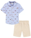 KIDS HEADQUARTERS TODDLER BOYS SHORT SLEEVE PRINTED OXFORD SHIRT AND TWILL SHORTS, 2 PIECE SET