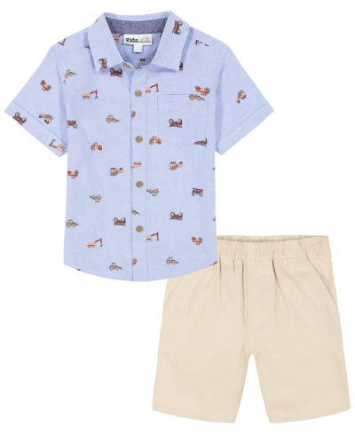 Kids Headquarters Kids' Toddler Boys Short Sleeve Printed Oxford Shirt And Twill Shorts, 2 Piece Set In Tan