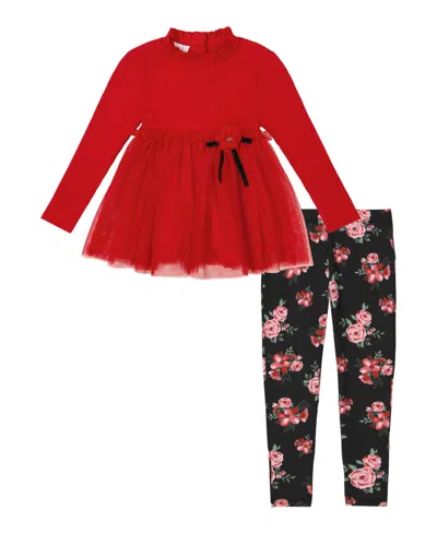 Kids Headquarters Kids' Toddler And Little Girls Ribbing And Mesh Tunic & Floral Leggings, 2 Piece Set In Red,deep Black