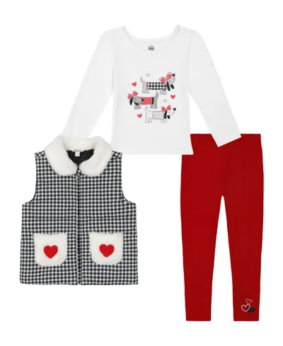 Kids Headquarters Kids' Toddler And Little Girls Sherpa Trim Check Vest & Leggings, 3 Piece Set In Black,white,salsa Red