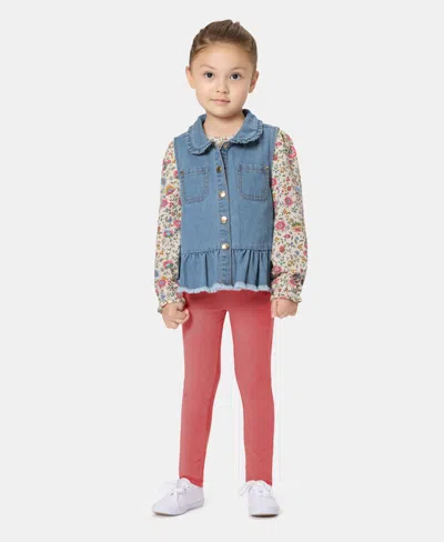 Kids Headquarters Kids' Toddler Girls' 2t-4t Denim Vest, Long-sleeve Top And Leggings, 3-piece Set In Blue
