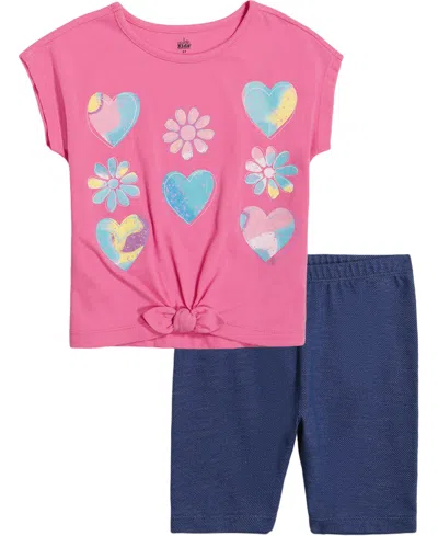Kids Headquarters Kids' Toddler Girls Twist-tie Hem T-shirt And Faux Denim Bike Shorts Set In Pink,blue