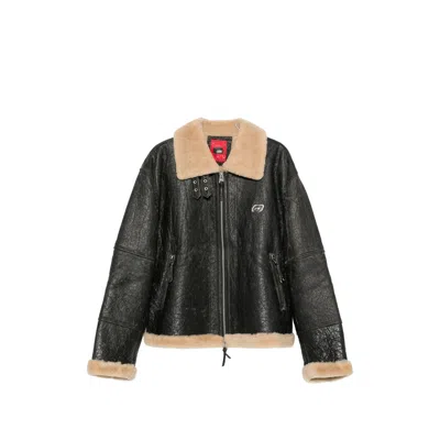 Kidsuper Cracked Leather With Shearling Collar Jacket In Black