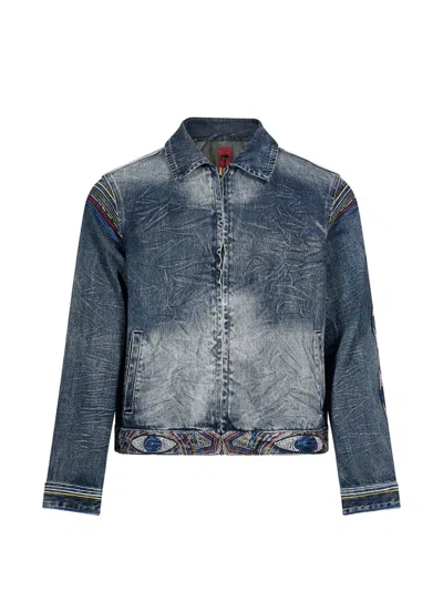 Kidsuper Eye-embroidery Acid-wash Denim Jacket In Blue