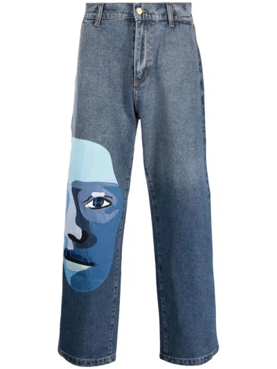 Kidsuper Blue Face Straight Cotton Denim Jeans In Blue,multi