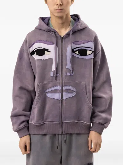 Kidsuper Face-patchwork Washed Zip-up Hoodie In Purple