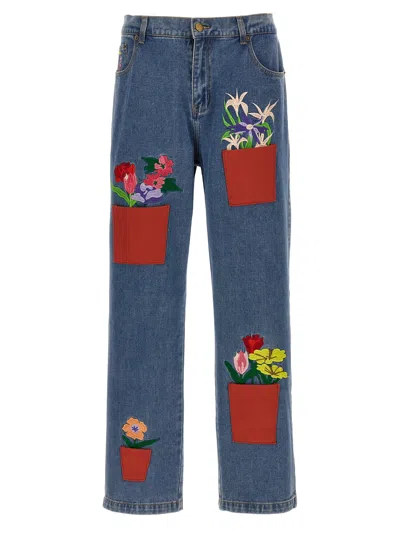 Kidsuper Flower-pots Embroidered Tapered Jeans In Blue