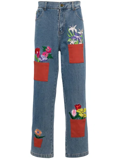 Kidsuper Flower-pots Embroidered Tapered Jeans In Blue