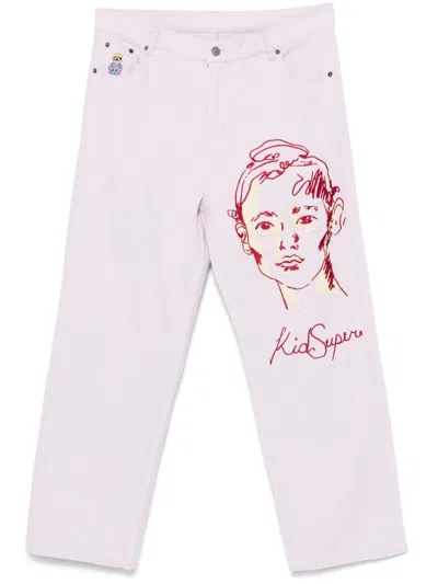 Kidsuper Girl Face-embroidered Jeans In Purple