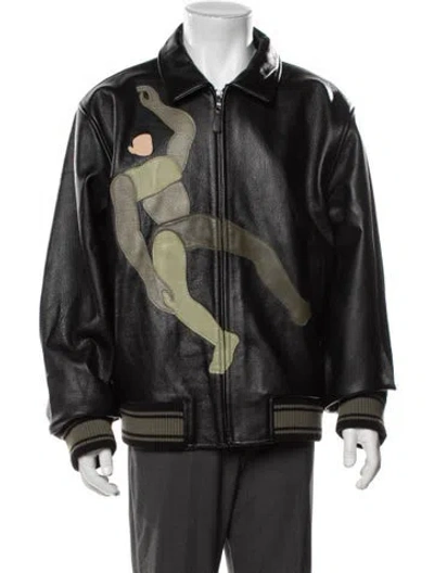 Pre-owned Kidsuper Leather Graphic Print Bomber Jacket In Black