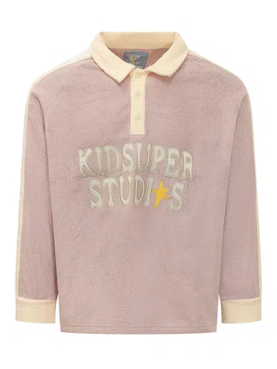 Kidsuper Mini Long Sleeve Terry Polo With Logo In Pastel Pink