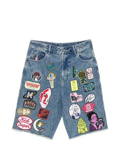 Kidsuper Patch-embellished Frayed-edge Shorts In Blue