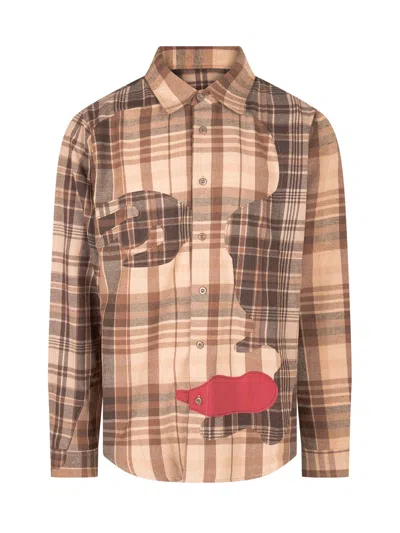Kidsuper Patchwork Face Flannel Overshirt In Brown