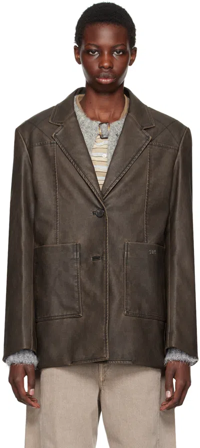 Kijun Brown Stitched Faux-leather Blazer In Dark_brown