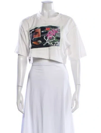 Pre-owned Kijun Graphic Print Crew Neck Crop Top In White