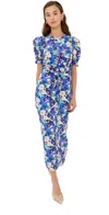 Kika Vargas Erin Abstract Floral Print Drawstring Ruched Midi Dress In Blue Pansy