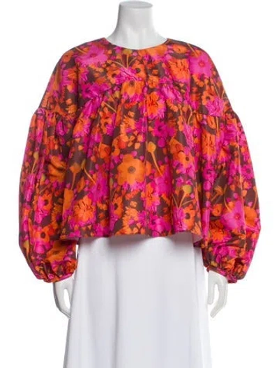 Pre-owned Kika Vargas Floral Print Crew Neck Blouse In Red