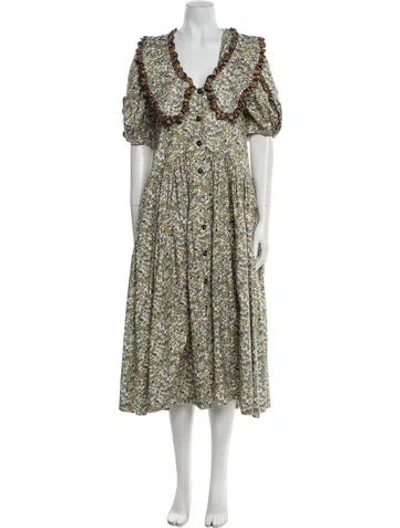 Pre-owned Kika Vargas Floral Print Long Dress In Green