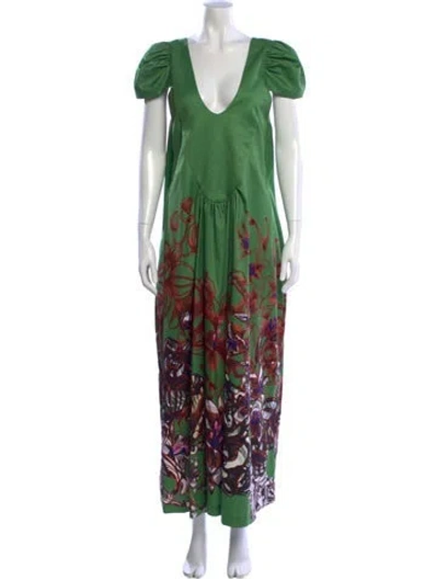 Pre-owned Kika Vargas Floral Print Long Dress In Green