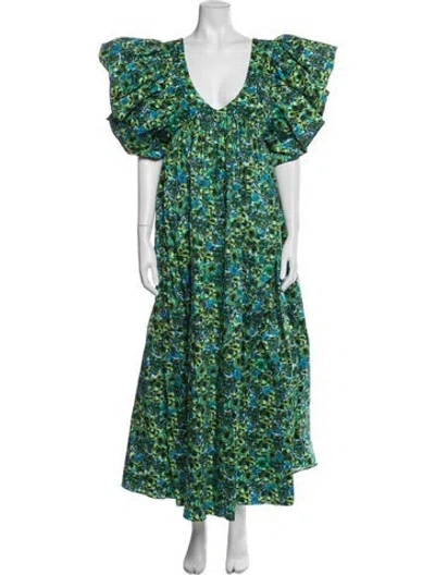 Pre-owned Kika Vargas Floral Print Long Dress In Green
