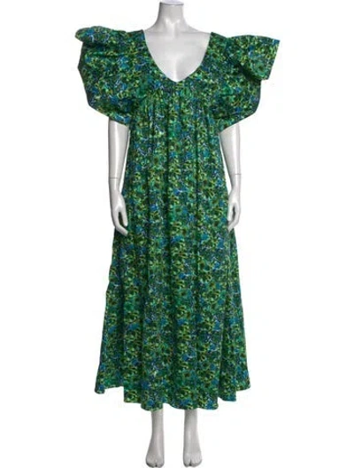 Pre-owned Kika Vargas Floral Print Long Dress W/ Tags In Green