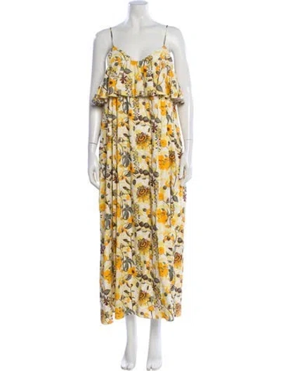 Pre-owned Kika Vargas Floral Print Long Dress In Yellow