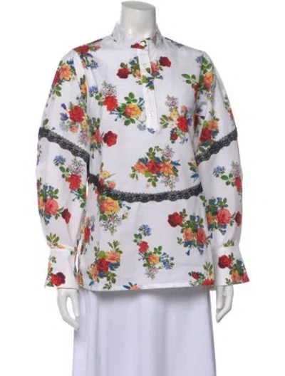 Pre-owned Kika Vargas Floral Print Long Sleeve Blouse In White