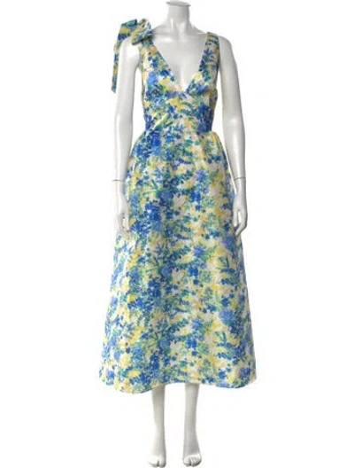 Pre-owned Kika Vargas Floral Print Midi Length Dress In Blue