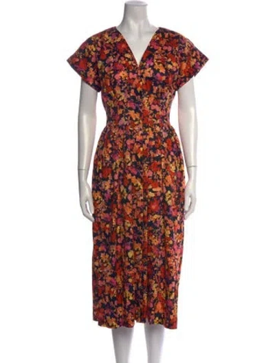 Pre-owned Kika Vargas Floral Print Midi Length Dress In Orange