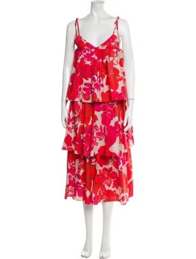 Pre-owned Kika Vargas Floral Print Midi Length Dress In Red