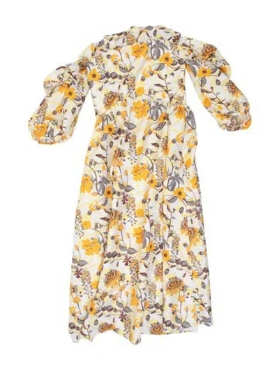 Pre-owned Kika Vargas Floral Print Midi Length Dress In Yellow