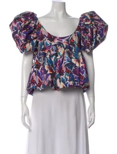 Pre-owned Kika Vargas Floral Print Scoop Neck Blouse In Blue