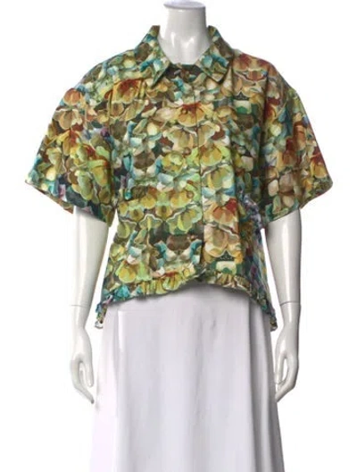 Pre-owned Kika Vargas Floral Print Short Sleeve Blouse In Green