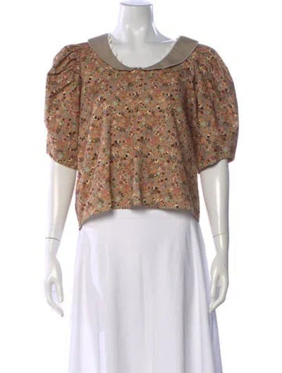 Pre-owned Kika Vargas Floral Print Short Sleeve Blouse In Neutral