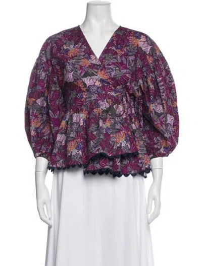 Pre-owned Kika Vargas Floral Print V-neck Blouse In Purple