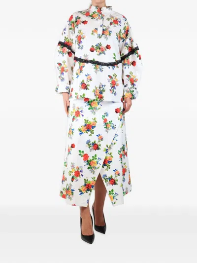 Pre-owned Kika Vargas Floral-print Lace-trim Shirt And Skirt Set Suit In White