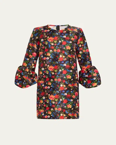 Kika Vargas Florence Floral Long-sleeve Short Dress In Black Garden Taffeta
