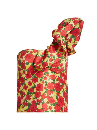 Kika Vargas Women's Yazmeen Rose Print Taffeta One-shoulder Top In Brown