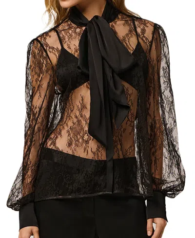 Kiki De Montparnasse All Over Lace Pussy Bow Blouse In Black