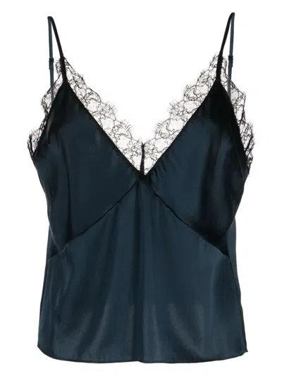 Kiki De Montparnasse Floral-lace Detail Silk Top In Blue