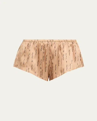 Kiki De Montparnasse Script-print Silk Lounge Tap Shorts In Brown