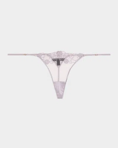 KIKI DE MONTPARNASSE VIOLET FLORAL-EMBROIDERED TULLE THONG